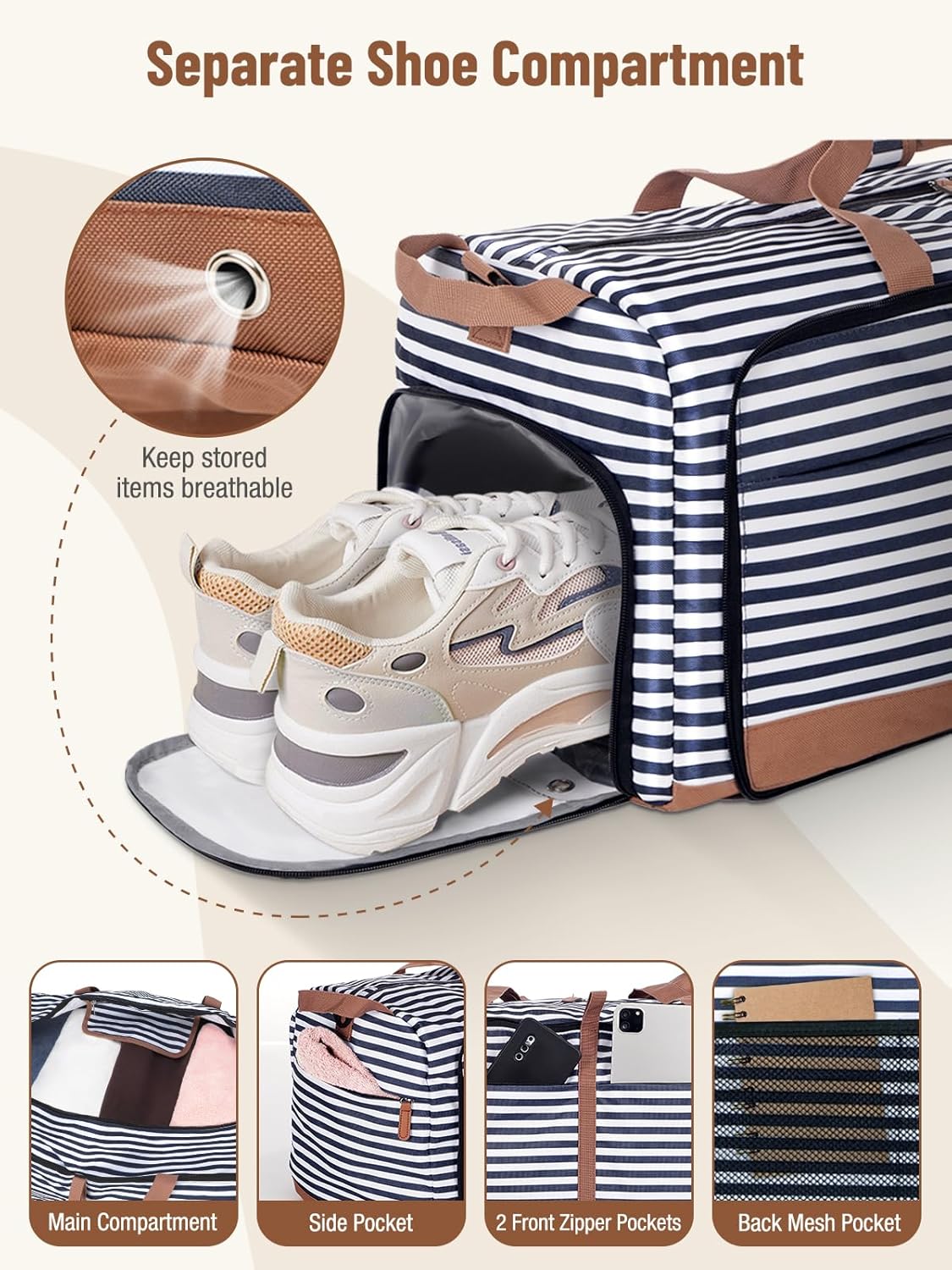 Lekesky Foldable Travel Duffle Bag for Women, 100L Large Duffel Bag with Separate Shoes Compartments & Straps, Carry On Weekend Bag for Women, Hospital, Overnight (Blue Stripes)