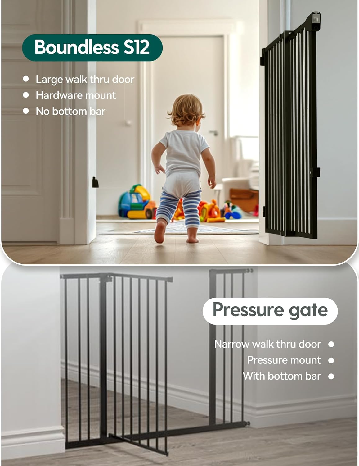 Babelio 34" Tall No Bottom Bar Baby/Dog Gate for Stairs, House and Doorways, 29.7-46.5" Auto Close Safety Pet Gates with Large Walk Thru Door, Hardware Mount, Black