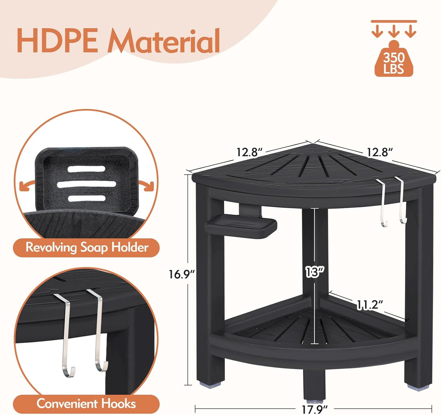 2-Tier Corner Shower Stool with Hooks & Soap Dish, HDPE Shower Bench for Shaving Legs, Wood-Like Shower Stool for Inside Shower with Non-Slip Foot Pads, Waterproof Shower Foot Rest (Black)