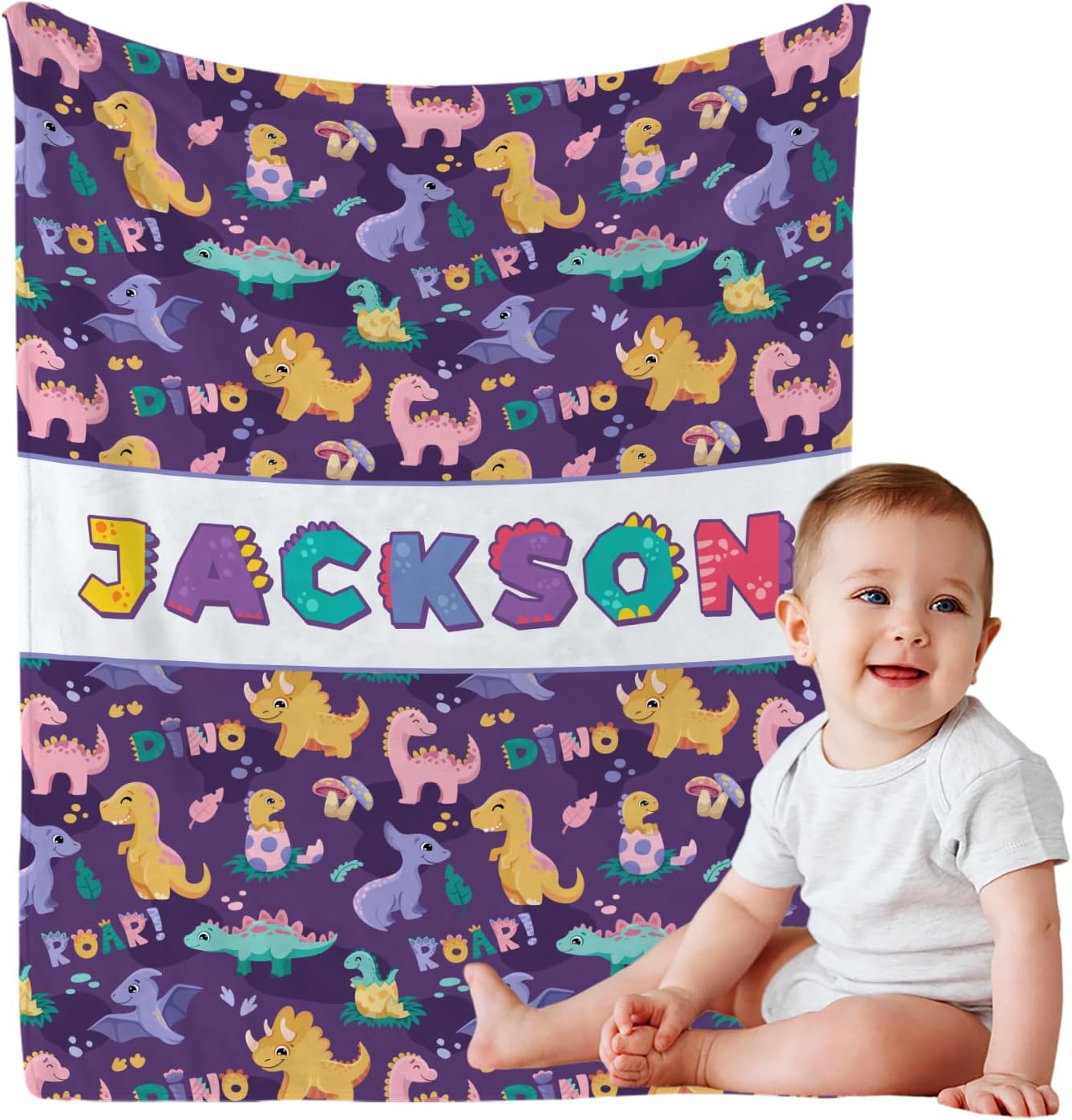Personalized Dinasour Name Baby Blanket, Custom Cute Alphabet Name Blanket Toddler Boy Soft Flannne Swaddling Blankets Customized Monogram Memorial Gift from Nana for Infant Newborn Shower