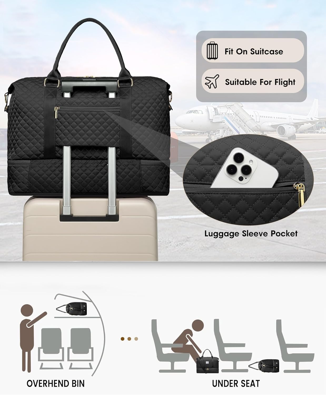 Women Weekender Travel Duffle Bags: Duffel Overnight Bag with Shoe Compartment Large Carry on Tote Bag Toiletry Bag Weekend Yoga Gym Bags with Wet Pocket Hospital Bags for Labor and Delivery Black