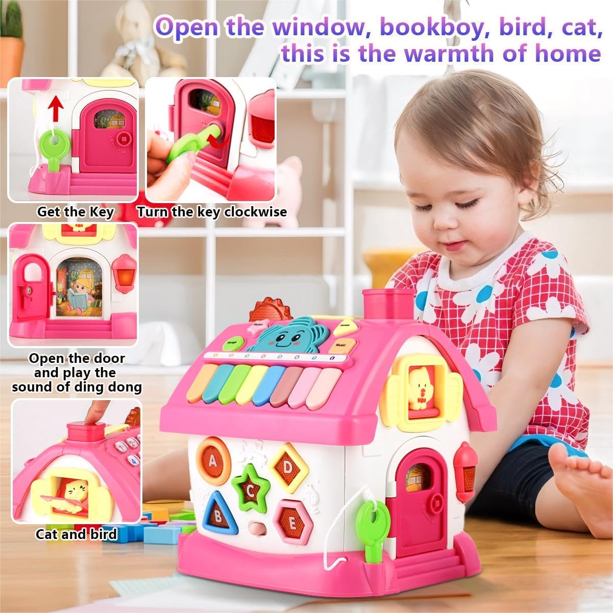 OKREVIEW Toys for 1+ Year Old Girls - Montessori Musical Toys for Toddlers Age 1-2, 8-in-1 Multi-Functional Music House with Sound, Lights, Music, Great Gifts for 1+ Year Old Girls Birthday Xmas