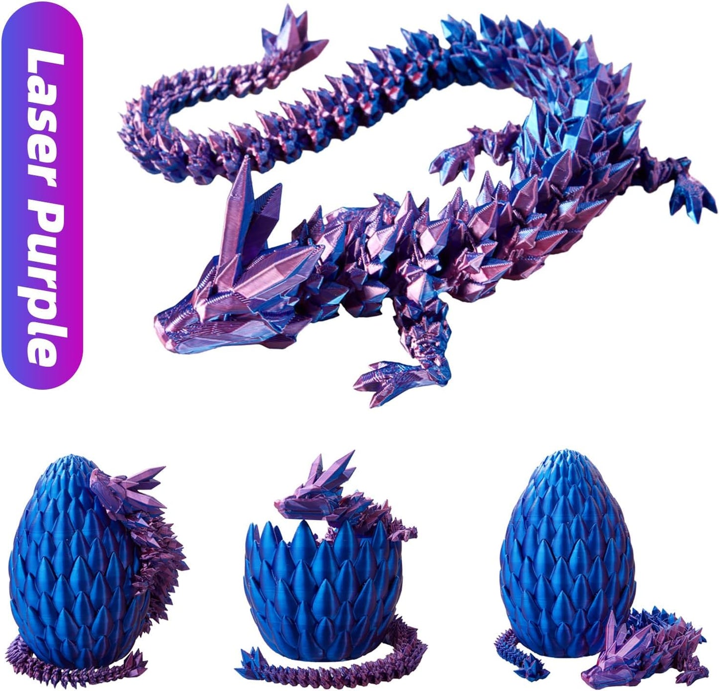 Dragon Egg,15in Crystal Dragon,Surprise Egg,Articulated Dragon,3D Printed Gift Toy,Fidget Toys for Autism/ADHD, Executive Desk Toys,Home Office Decor (Laser Purple)