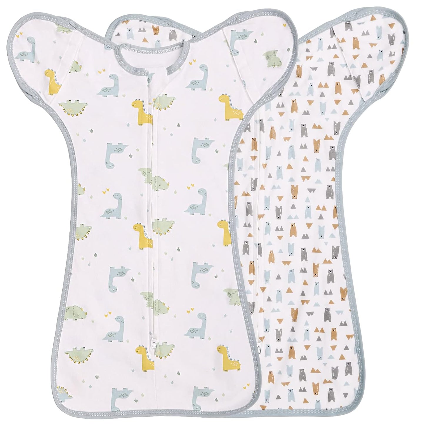 2 Pack Transition Swaddle with 2 Way Zipper, 2 in 1 Arms in/Out Transitional Arms Up Swaddle, 100% Cotton Newborn Swaddles Zipper Swaddles Baby Swaddling Sack Sleeping Sack 3-6 Months, Dinosaur & Bear