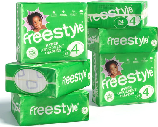 Freestyle Diapers – (Size 4) Hyper Absorbent & Non-Toxic – Disposable Diapers for Sensitive Skin – Ultra Soft Diapers (22-37 lbs) – 144 Count