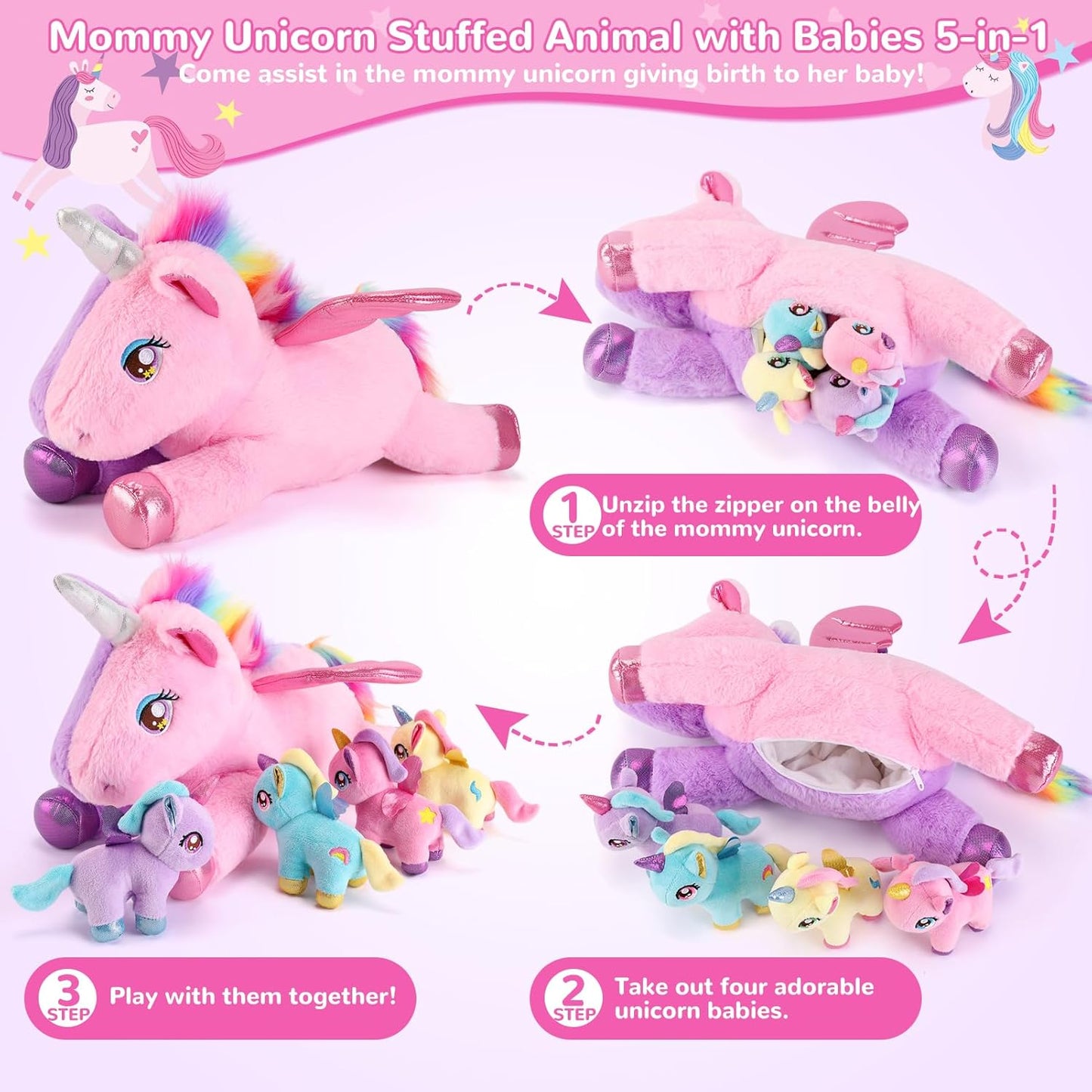 5 Pieces Unicorn Stuffed Animals - 1 Mommy Stuffed Unicorn with 4 Babies - Unicorns Gifts for Girls Ages 3-8, Unicorns Plush Toys for Christmas, Valentine's, Birthday Gifts (Pink & Purple)