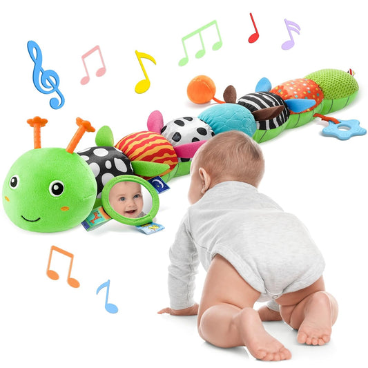 Baby Toys 6-12 Months Music Caterpillar Infant Toys Stuffed Animals 0-3-6 Months Tummy Time Teething Sensory Toys with Mirror Rattle&Pull String for Boys Girls Birthday Gifts|Grass Green,Leafy