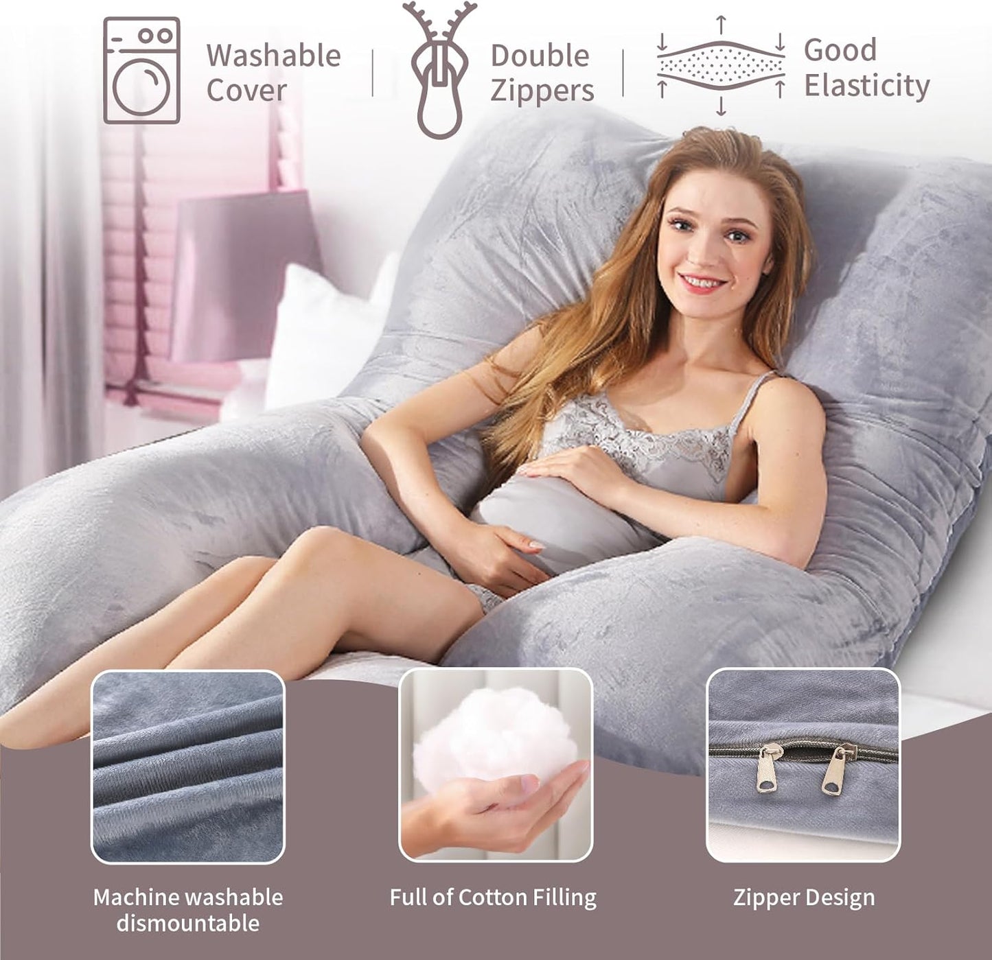 60 Inch Full Body Pregnancy Pillows for Sleeping Cooling Pregnancy Pillow,U Shaped Pregnancy Body Pillow,Maternity Pillows for Pregnant Women with Removable Washable Velvet Cover.(Grey)
