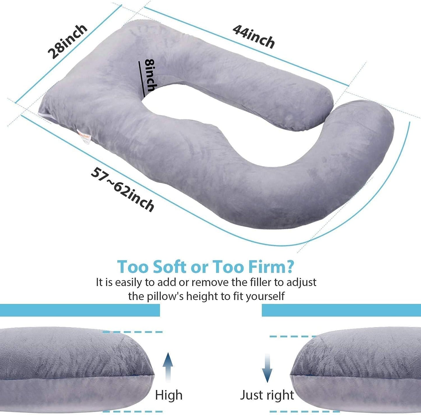 Pregnancy Pillow J-Shaped Full Body Pillow, 59 inch with Velvet Cover Easy to Remove and Wash, Support Pregnant Women's Backs Legs and HIPS, Improve Sleep,Pregnancy Pillow for Women ，Gray