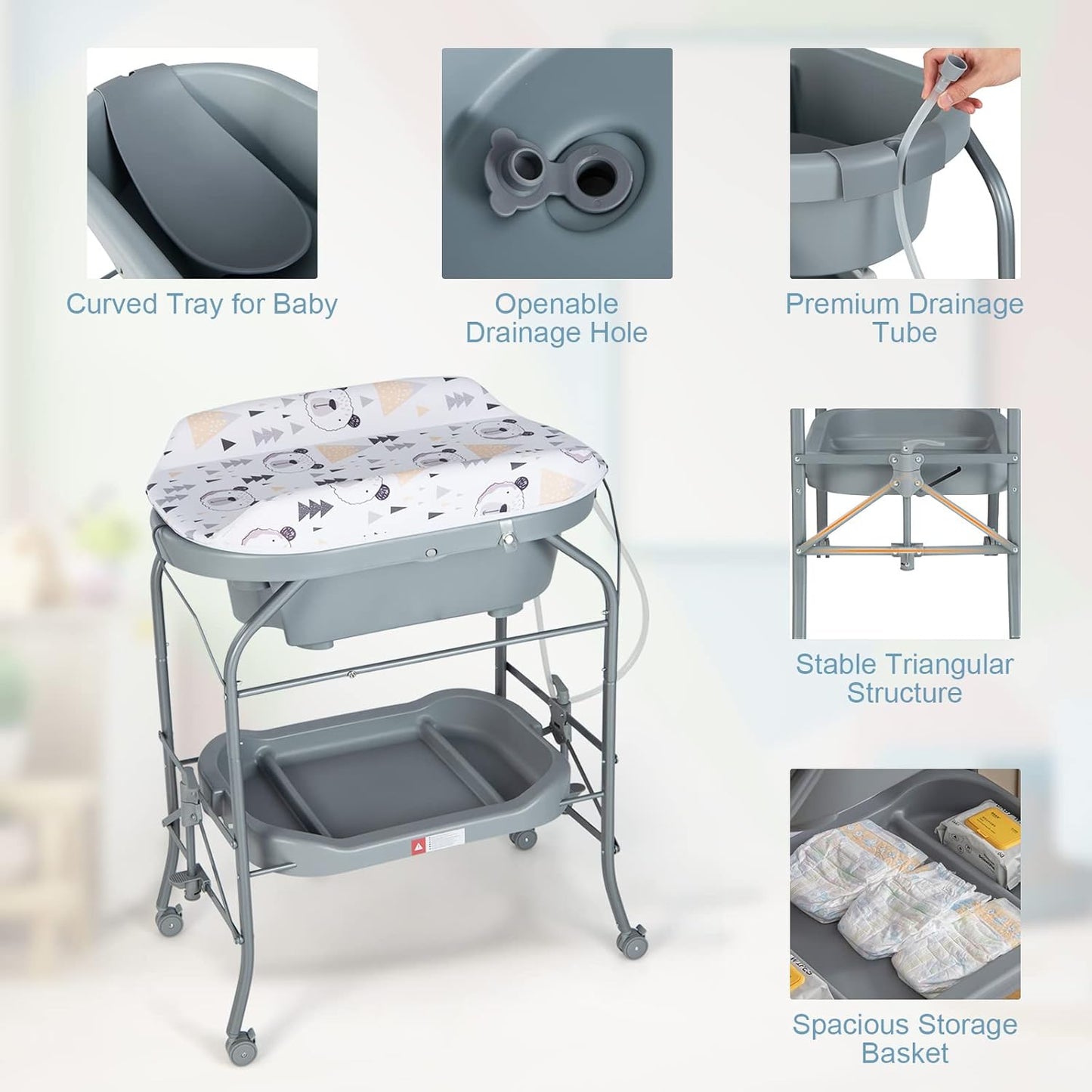 HONEY JOY Baby Changing Table with Bathtub, Foldable Infant Diaper Changing Station with Wheels, Storage Tray, Waterproof Pad, Portable Newborn Nursery Organizer Bath Stand for Boys Girls (Gray)