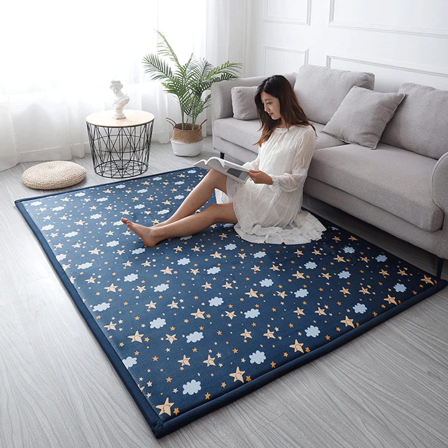 Loartee Coral Velvet Area Rug - 1" Thick Memory Foam Baby Play Mat, Washable Toddler Carpet, Home Decor for Living Room, Nursery, Kids Bedroom, Starry Blue, 4'3"x6'3"