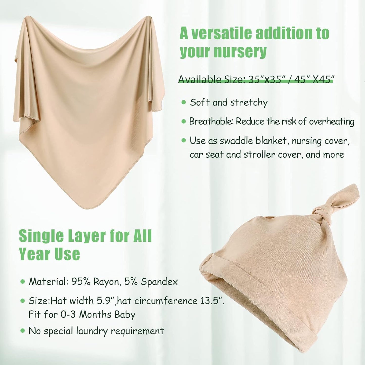 iEvolve Cotton Knitted Baby Swaddle Blanket with Hat Headband Set Newborn Swaddle Wrap Receiving Blankets for Baby Girl Boy 35" x 35"(Beige)