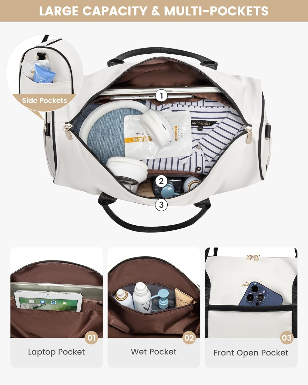 LOVEVOOK Women's 22" L x 14.5" H x 9.5" W Off White Nylon Travel Weekender Bag Set with Shoe Compartment, Wet Pocket, Trolley Sleeve & Shoulder Strap