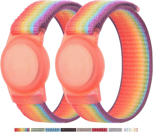 2 Pack AirTag Bracelet for Kids, Apple Air Tag Protective Cover with Nylon Wristband, Anti Lost GPS Trackers Case Cover Elastic Watch Band for Toddlers Girls Boys Elders (Rainbow)
