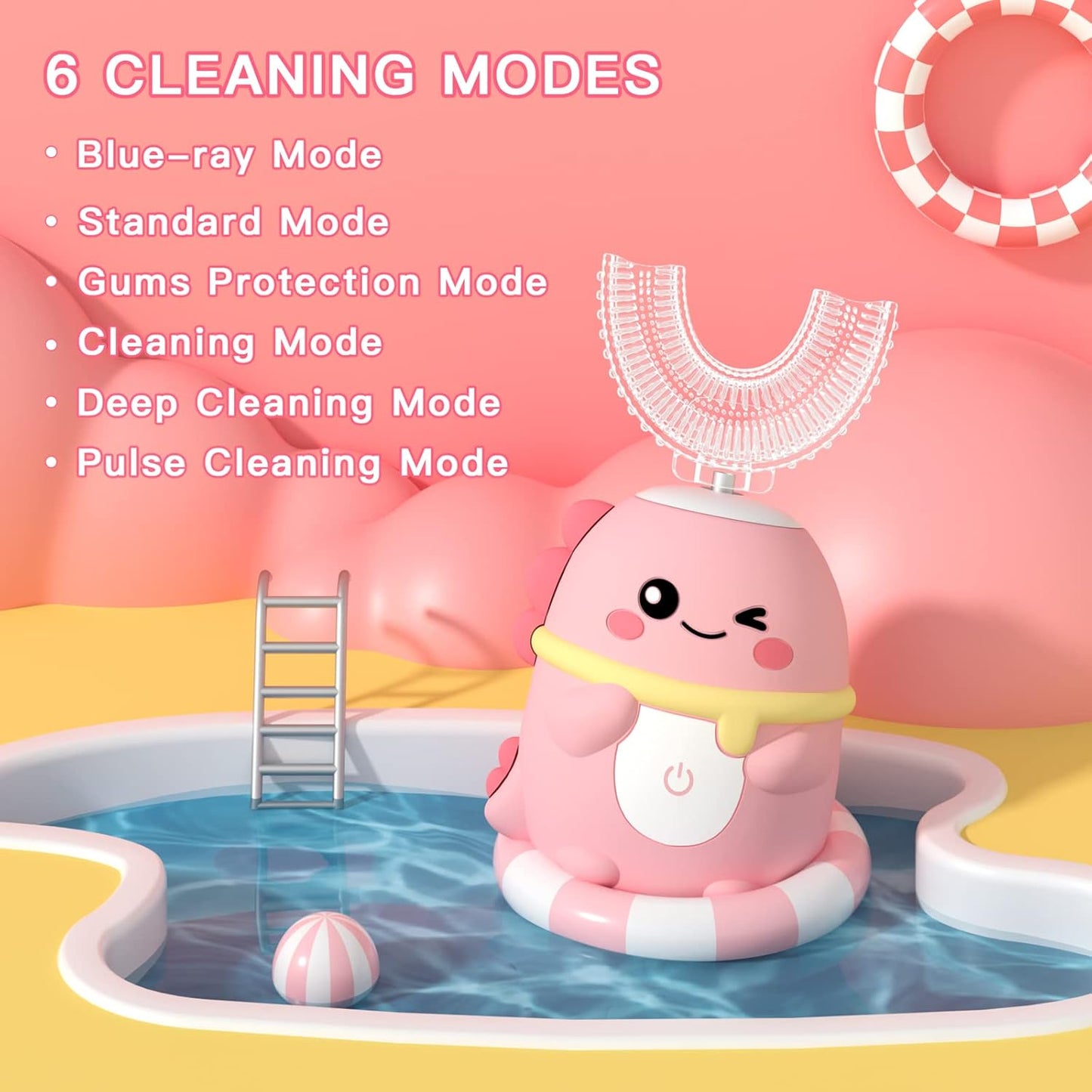 Kids Electric Toothbrush U Shaped Toddler Auto Sonic Toothbrushes with 5 Brush Head,Cartoon Dinosaur Ultrasonic Toothbrushes for Children 2-12 Years,360° Full Mouth Cleaning Automatic