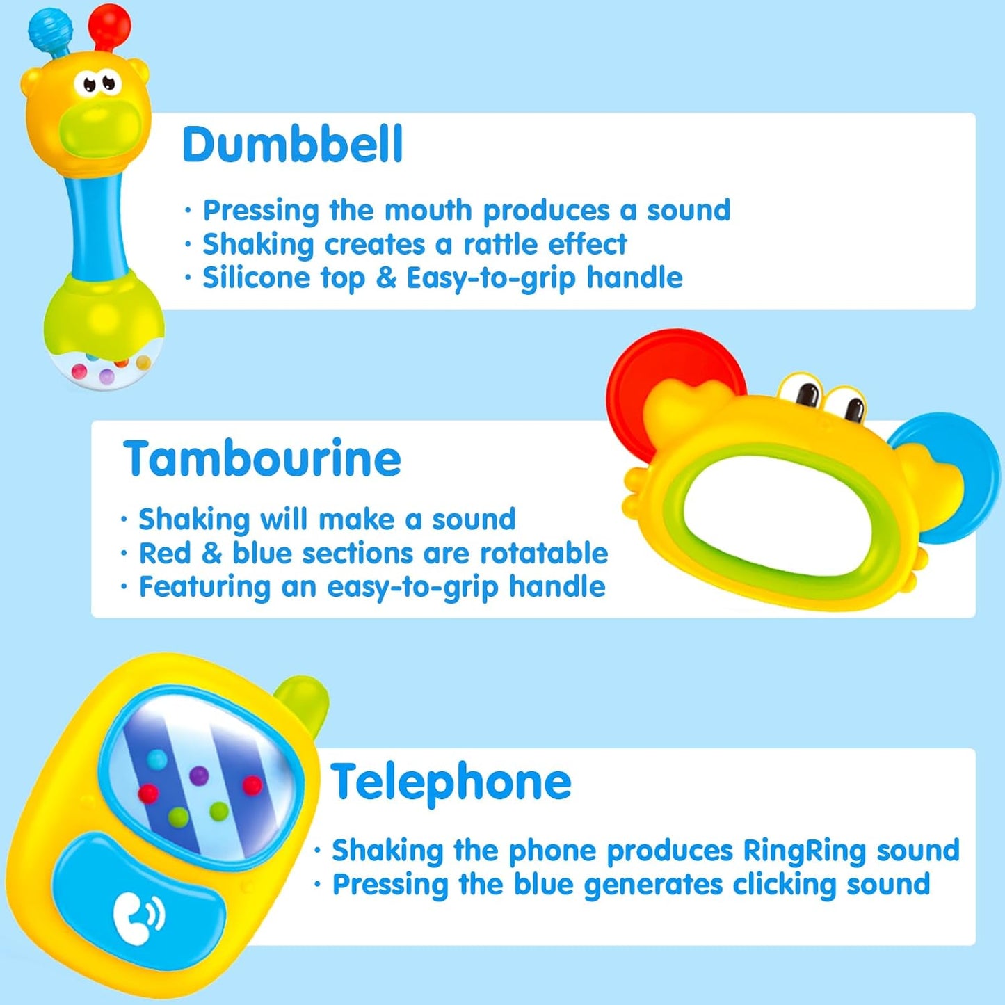 MOONTOY 3pcs Baby Rattles Toy Set, Baby Toys 0-6 Months Infant Toys 6-12 Months Teethers for Babies 3-6 Months Easter Basket Stuffers Gifts, Sensory Teething Toys 0 1 2 3 4 5 6 Month Newborn Boy Girl