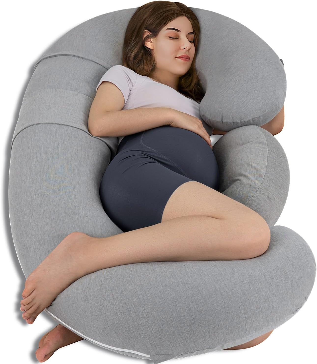 QUEEN ROSE Cooling Pregnancy Pillows, E Shaped Maternity Pillow for Sleeping, with Extra Wedge Pillow for Belly Support, 55 Inch Detachable Body Pillow, Breathable Cover, Grey