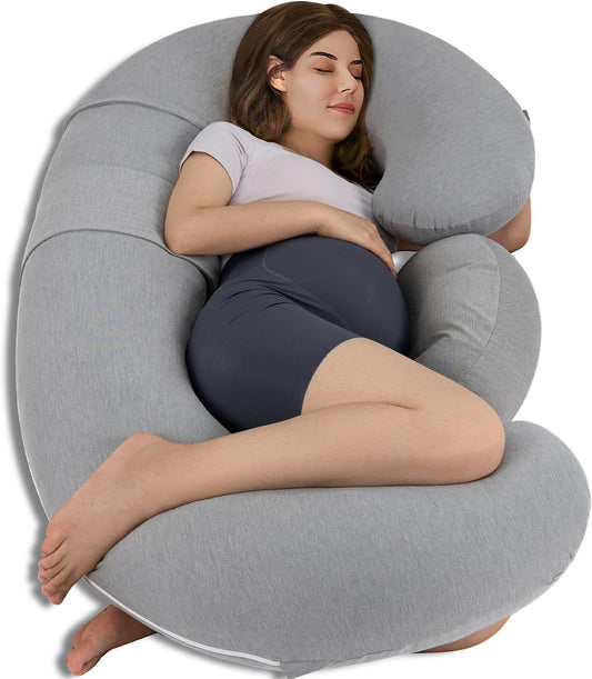 QUEEN ROSE Cooling Pregnancy Pillows, E Shaped Maternity Pillow for Sleeping, with Extra Wedge Pillow for Belly Support, 55 Inch Detachable Body Pillow, Breathable Cover, Grey