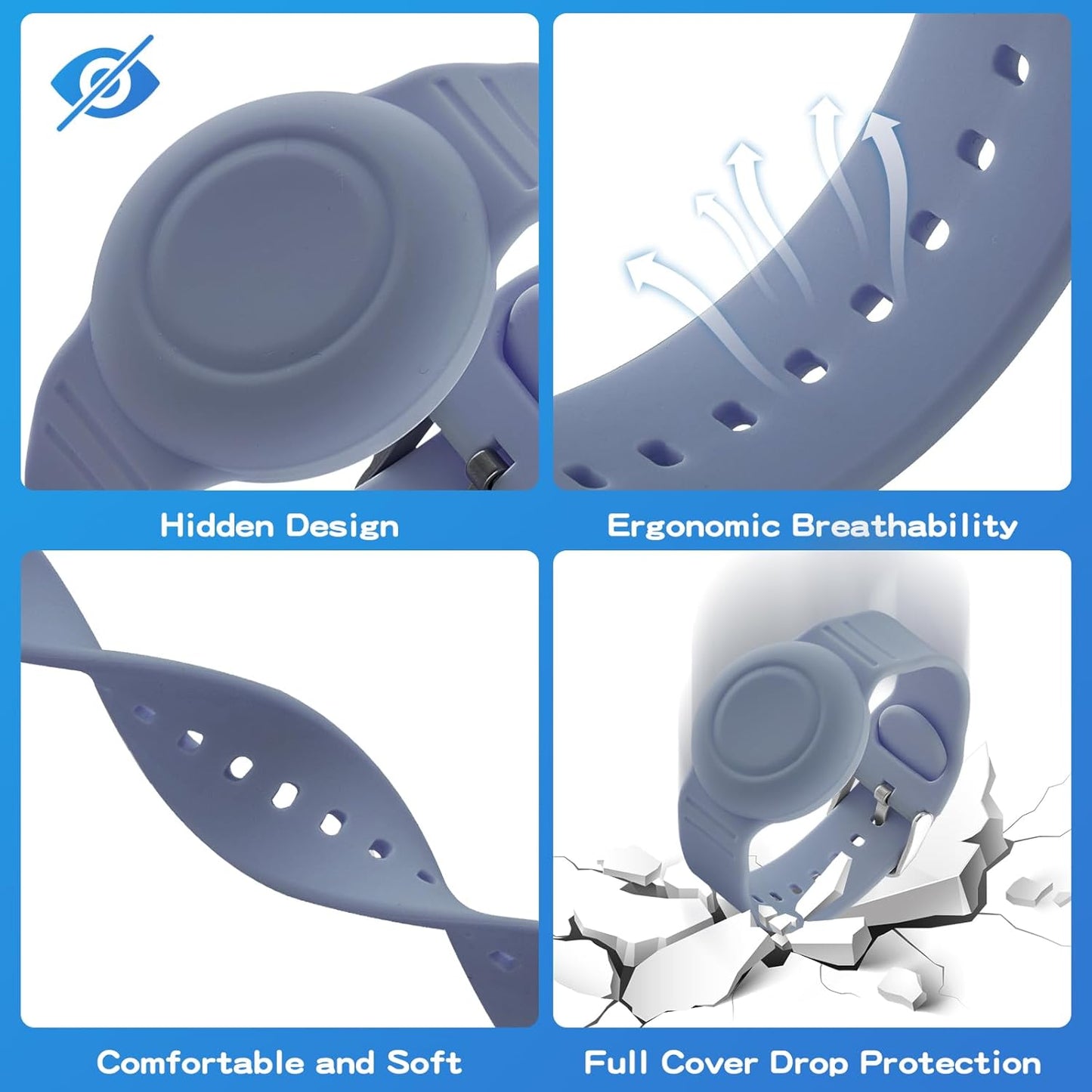 Waterproof Bracelet Compatible with Airtag Case for Kids(2 Pack), Soft Silicone Hidden Wristband, Lightweight GPS Tracker Compatible with Apple Air Tag Watch Band for Child (Grey Blue & Pink)