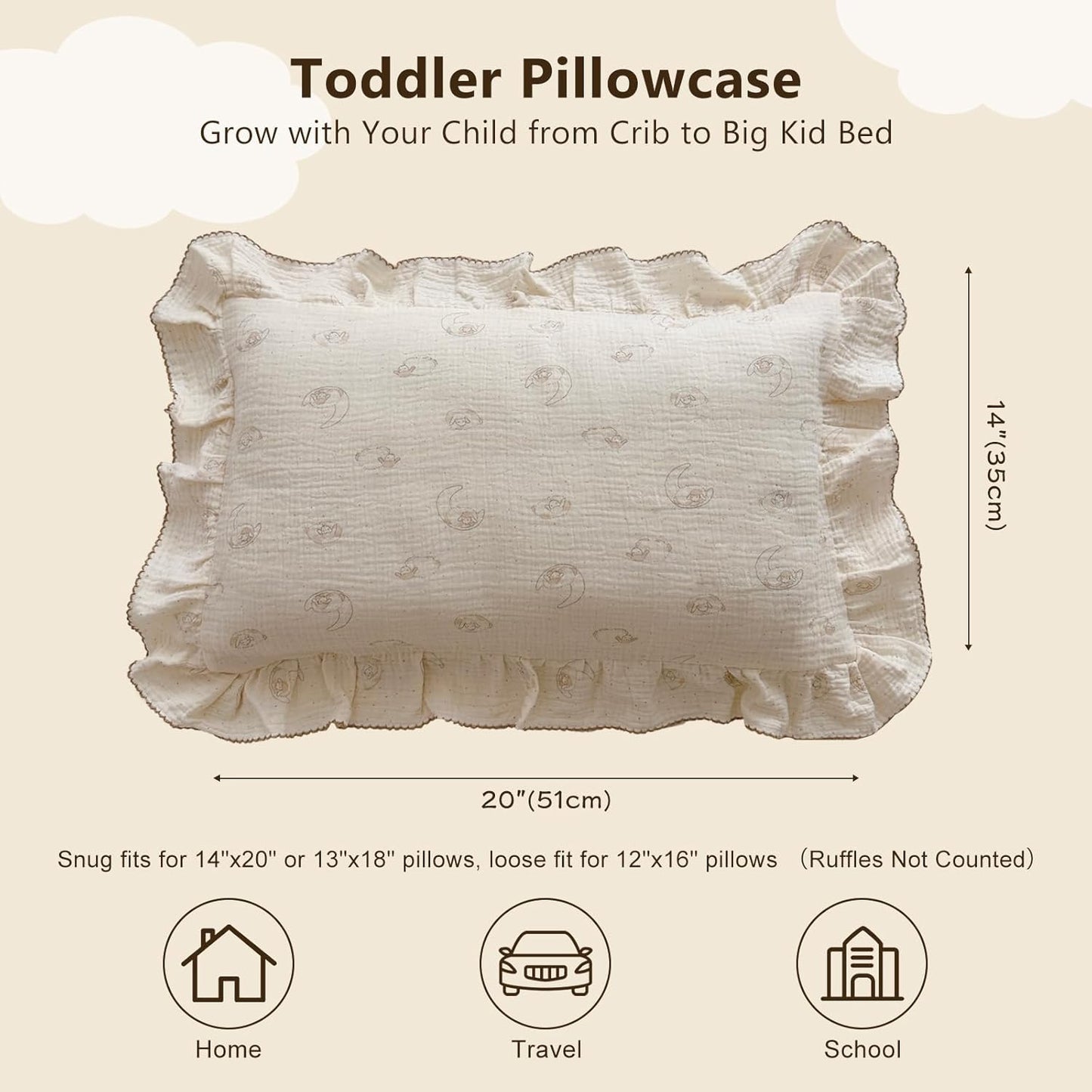BuLuTu Muslin Toddler Pillow Case, 14"x20", Envelope Closure, 100% Cotton, Girls Boys Pillow Cover, Cute Sheep Pattern Kids Pillowcase Fit for Pillows 12"x16"/13"x18"/14"x19", 1 Pack