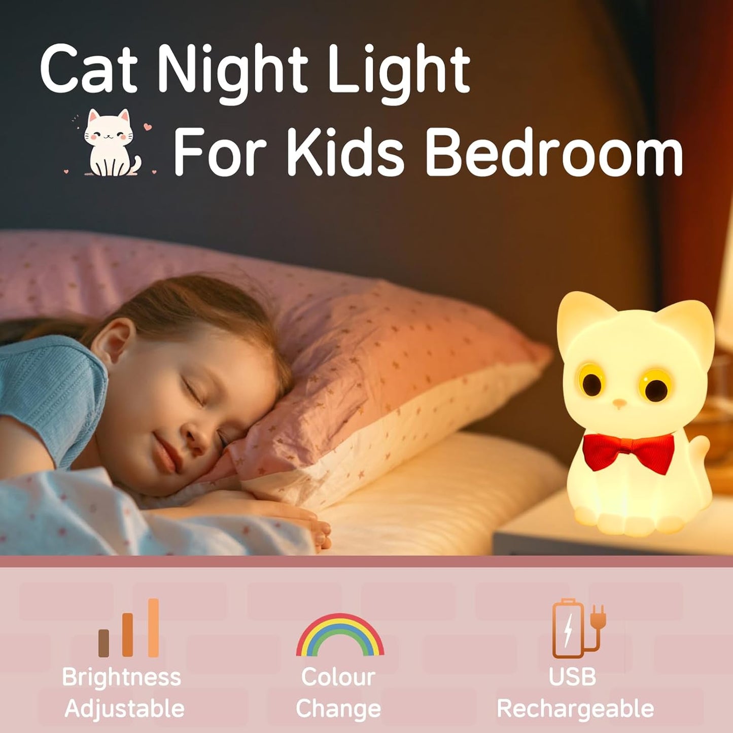 Kitty Cat Night Light for Kids, Cute Cat Lamp Portable Silicone Animal Nightlight Rechargeable Nursery Light for Baby Toddler Room, Kawaii Gifts for Boys Girls