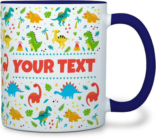 Personalized Mug for Kids - Dinosaurs - Custom Name/Text, Ceramic Hot Chocolate/Cocoa/Coffee Cup for Boys/Girls, Birthday/Christmas/Holiday Gift - 11 oz, Navy Blue Handle