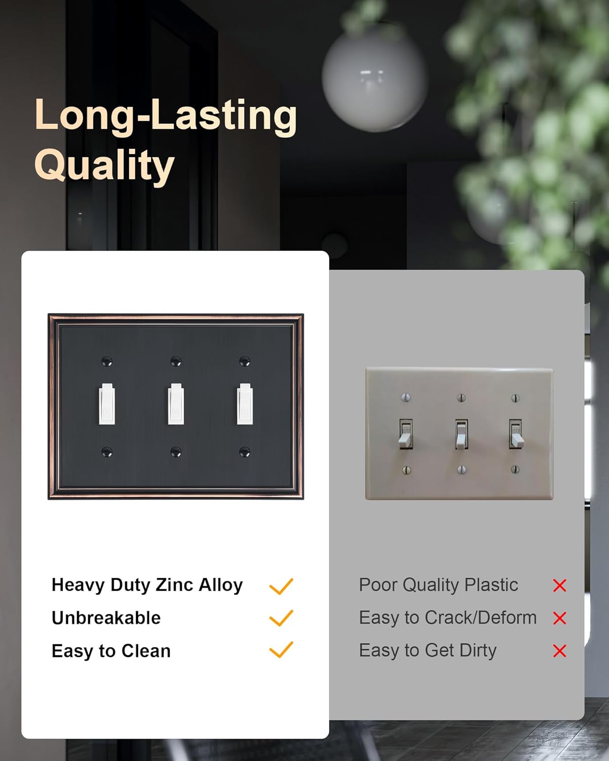 2-Pack Triple Toggle Light Switch Cover Plate, Durable Solid Zinc Alloy Decorative Switch Plate Covers, Aged Bronze 3 Gang Wall Plate, Corrosion Resistant