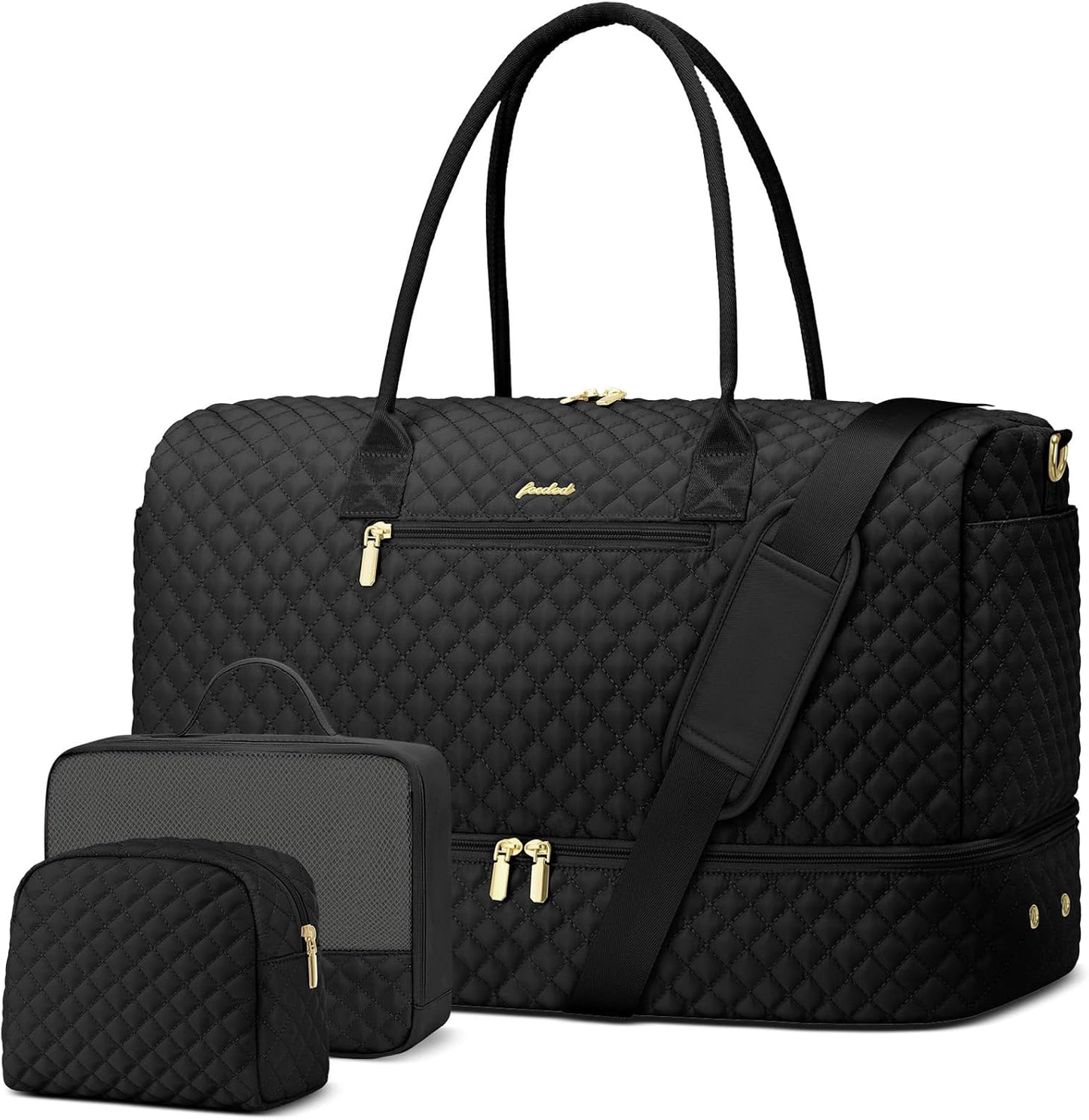 Travel Weekender Duffle Bag for Women - Overnight Bag with Shoe Compartment Carry on Bag with Toiletry Bag Gym Duffel Bag with Wet Pocket Hospital Bags for Labor and Delivery 3 Pcs Set Black