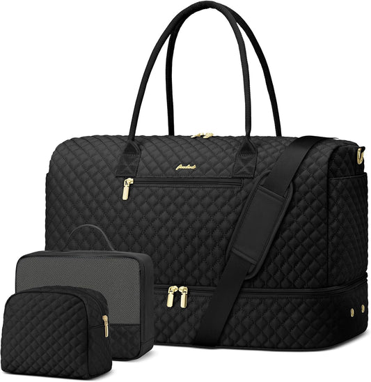 Travel Weekender Duffle Bag for Women - Overnight Bag with Shoe Compartment Carry on Bag with Toiletry Bag Gym Duffel Bag with Wet Pocket Hospital Bags for Labor and Delivery 3 Pcs Set Black