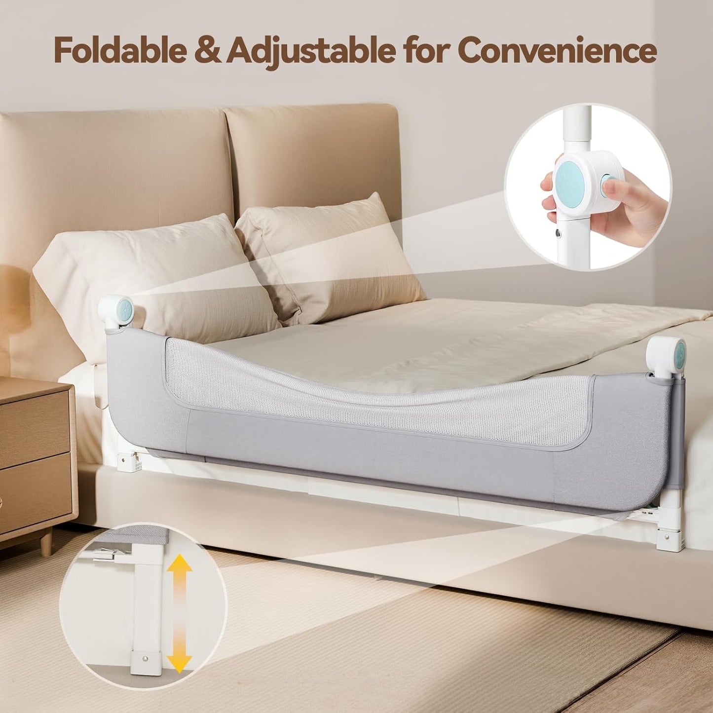 Reinforced Bed Rail for Toddlers – 59’’ Extra Long Safety Guard with Thickened Material, Adjustable & Folding Bed Rails for Twin, Full, Queen, King Beds