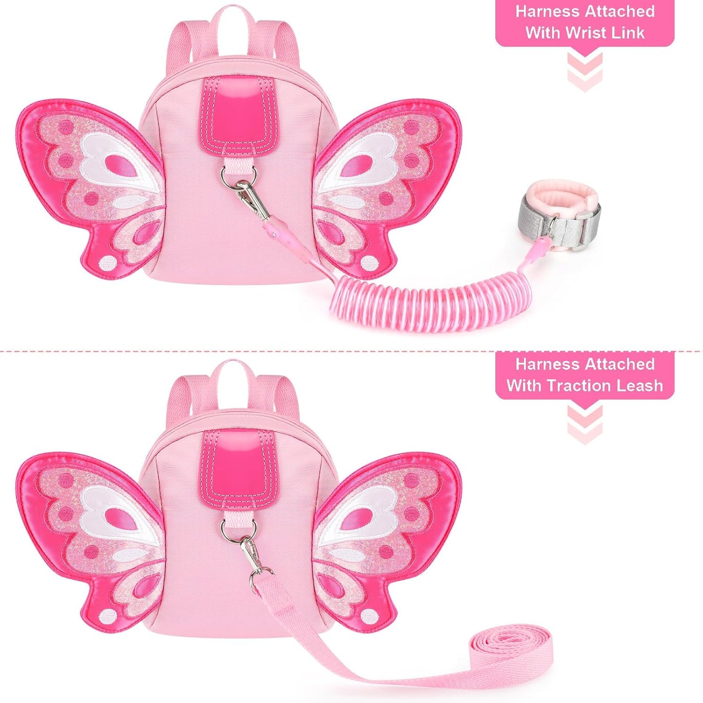 Accmor Toddler Harness Backpack Leash, Cute Butterfly Kid Backpacks with Anti Lost Wrist Link, Mini Child Backpack Harness Leashes Walking Wristband Travel Bag Harness Rein for Baby Girls (Pink)