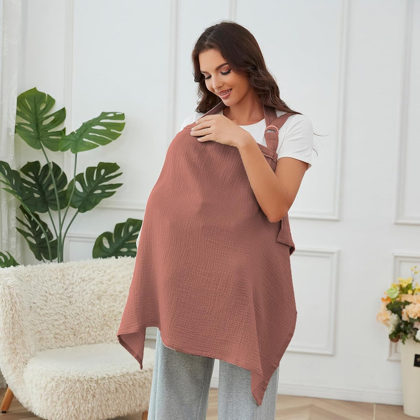 Nursing Cover for Baby Breastfeeding with Rigid Hoop, Breathable Soft 100% Muslin Cotton, Baby Breast Feeding & Pumping Apron (Wine red)