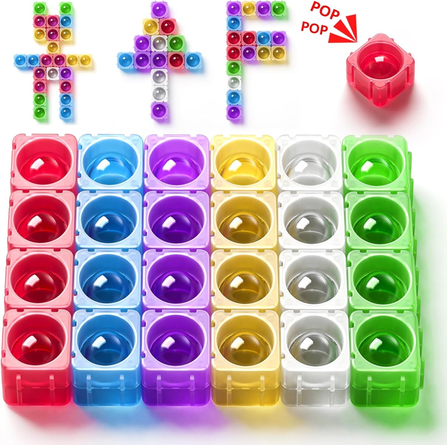 Pop Building Blocks for Kids Toddlers, 1.37 Inch Large Transparent Silicone Fidget Blocks, Color Sorting Sensory STEM Montessori Toys Classroom Must Have for Preschool CVC Word Learning
