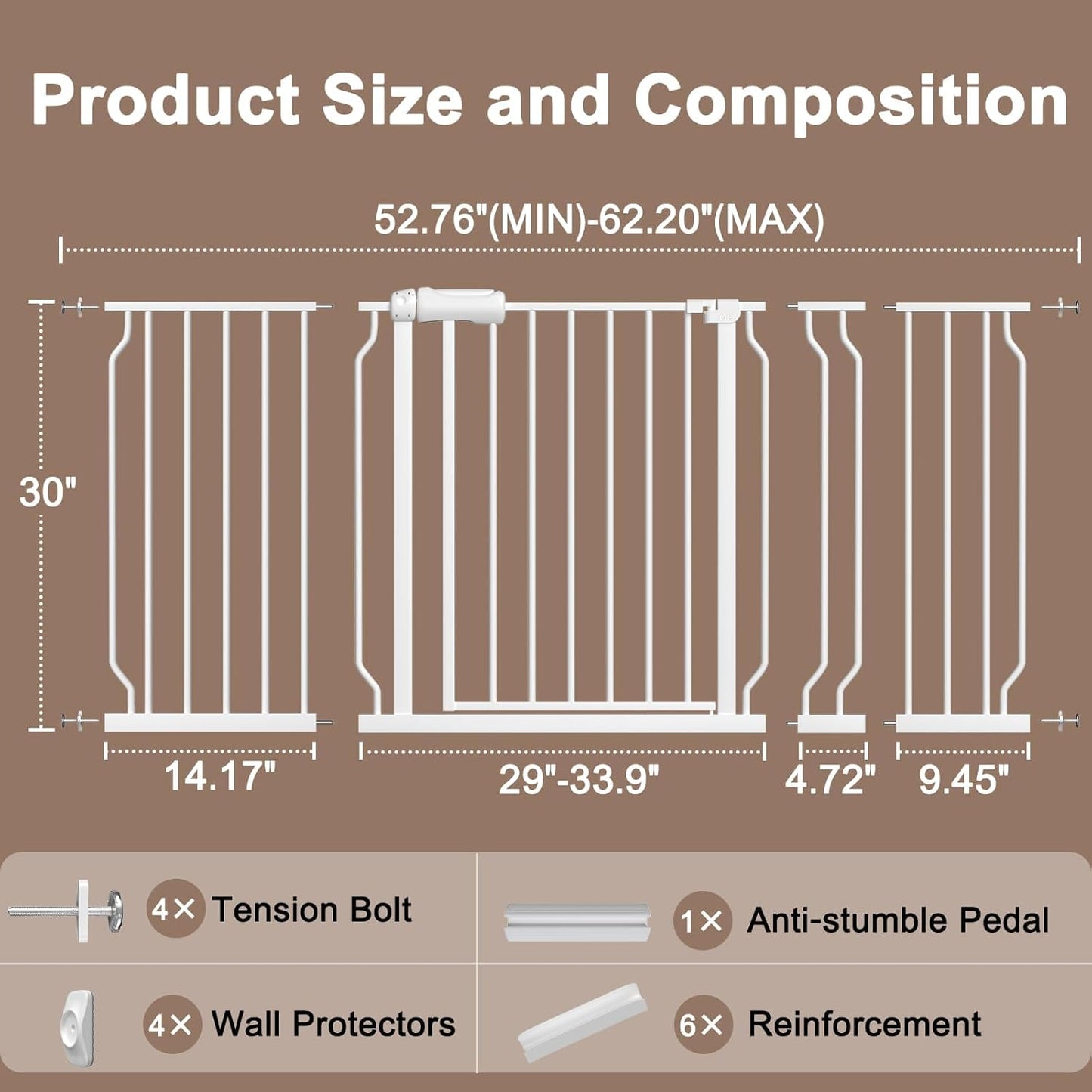WAOWAO Baby Gate 52.76-62.2" Extra Wide Pressure Mounted Walk Through Swing Auto Close Safety White Metal Toddler Kids Child Dog Pet Puppy for Stairs,Doorways,Kitchen