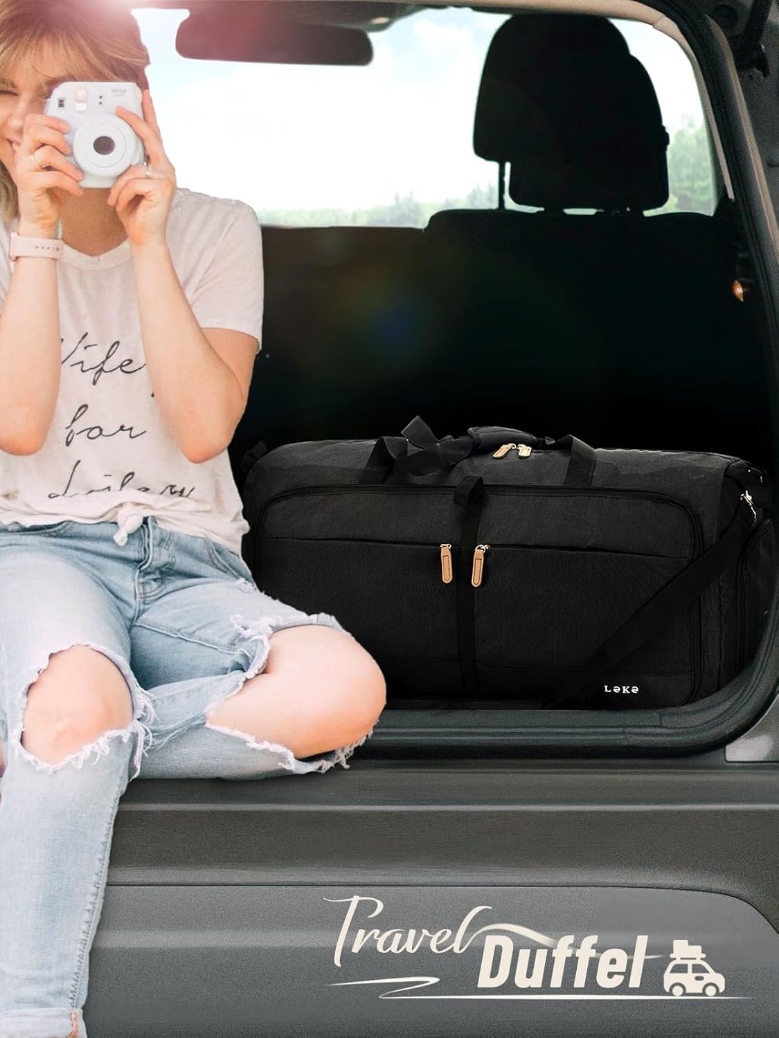 Lekesky Foldable Travel Duffle Bag for Women, 60L Large Duffel Bag with Separate Shoes Compartments & Straps, Carry On Weekend Bag for Women, Hospital, Overnight (Black)