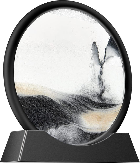 Liquid Motion Sandscape Round Moving Sand Art Sensory Toy Anxiety Fidget ADHD Relaxation Toy Home Office Desktop Decoration (Black, 7-in)