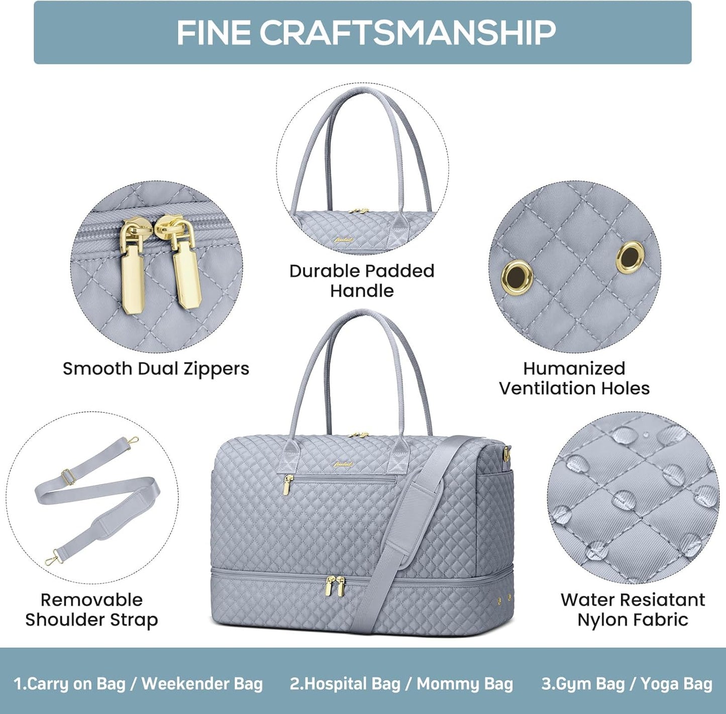 Travel Bag Weekender Bags for Women - Carry on Overnight Bag with Shoe Compartment Duffle Bag with Laptop Pocket Hospital Bag Grey