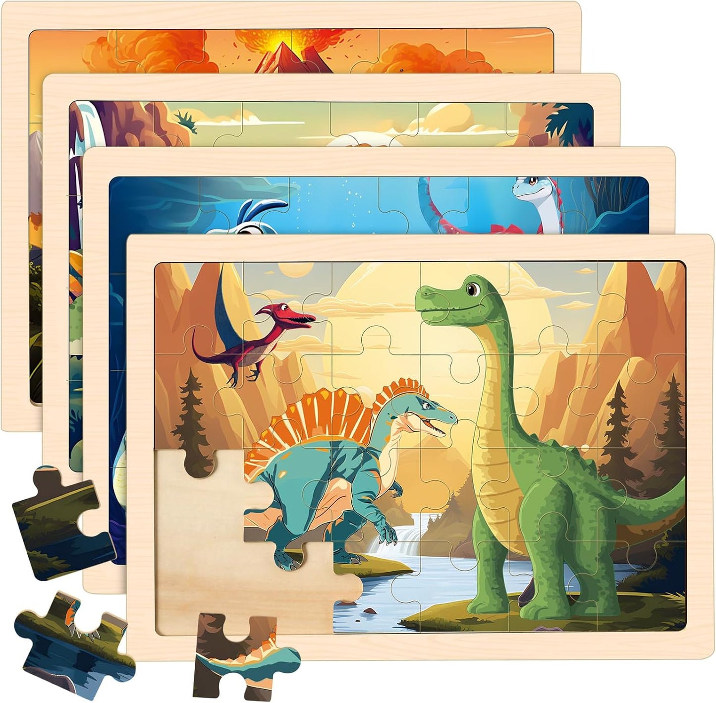Wooden Dinosaurs Puzzles for Kids Age 3 4 5 Year Old, 4 Pack 24 Pcs Montessori Toddler Jigsaw Puzzles for Girl boy Activities Preschool Learning Educational Birthday Gift Travel Autistic Wooden Toys