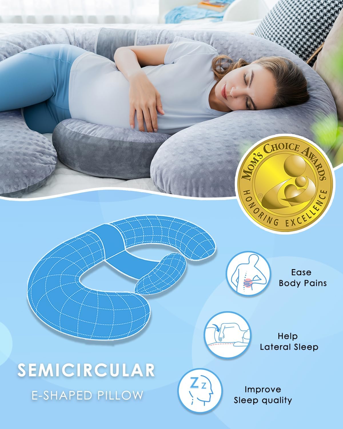 QUEEN ROSE Pregnancy Pillows, E Shaped Full Body Pillow for Sleeping, with Pregnancy Wedge Pillow for Belly Support, 60 Inch Maternity Pillow for Side Sleeper, Grey Velvet