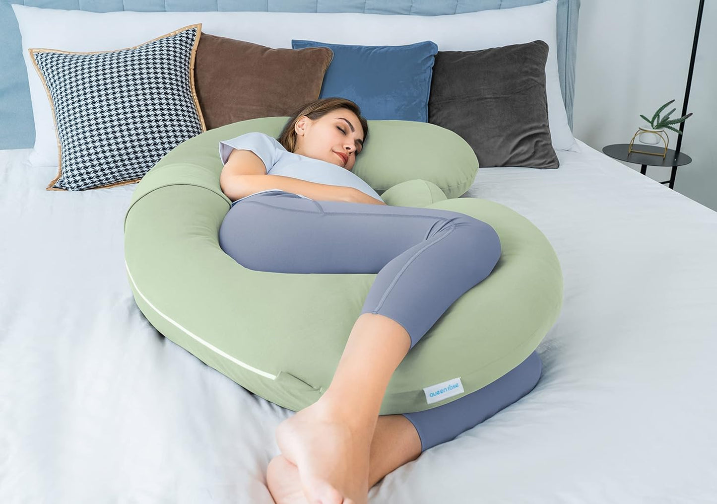 QUEEN ROSE Cooling Pregnancy Pillows - E Shaped Pregnancy Pillows for Sleeping, Detachable Body Pillow for Pregnant Side Sleeper, Cooling Silky Cotton Cover, Sage Green