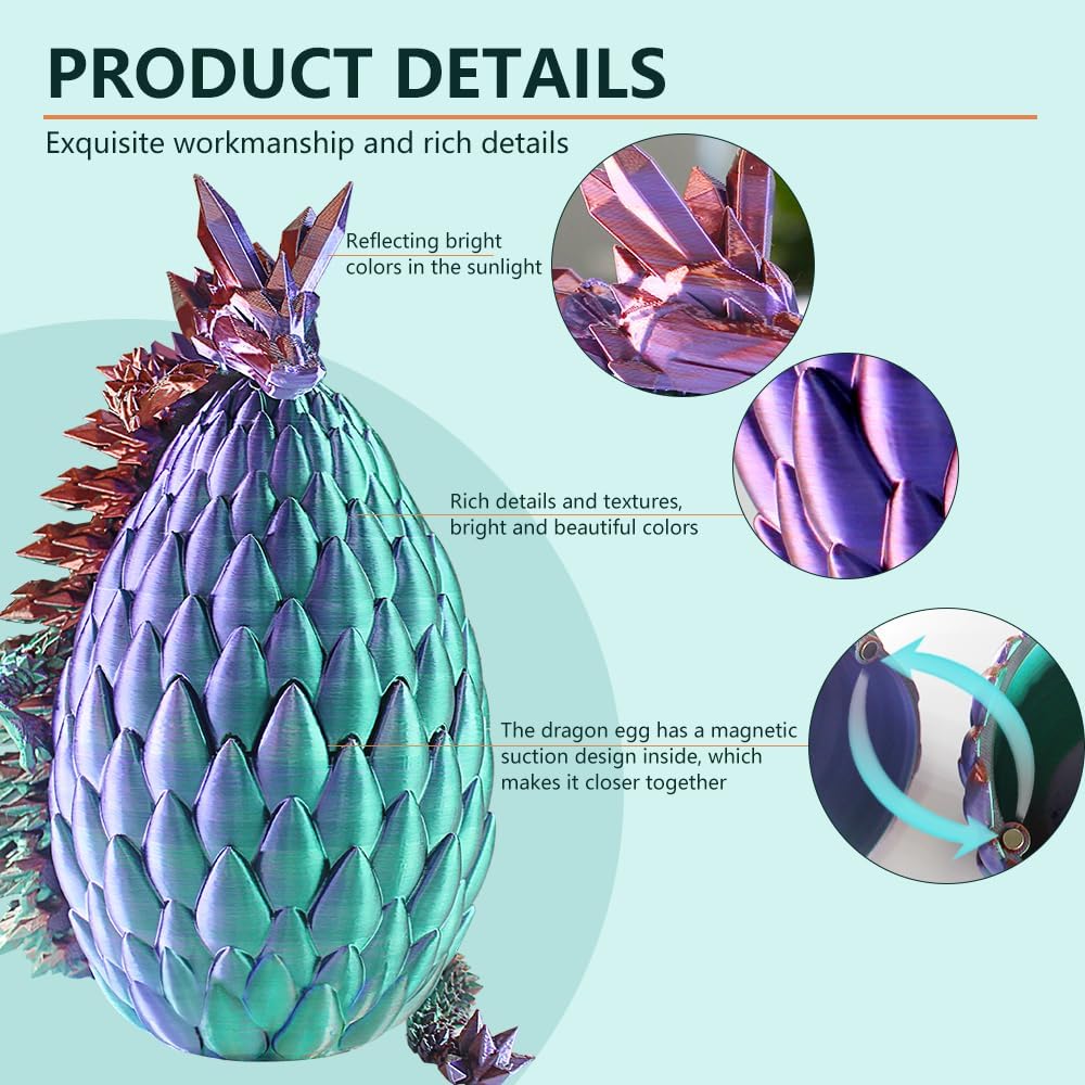 3D Printed Dragon with Dragon Egg 16.5'' Articulated Dragon Crystal Dragon Fidget Dragon Egg Toys Executive Desk Toys (Green Purple Copper, Dragon Only)