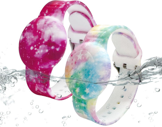 Waterproof AirTag Bracelet for Kids, Soft Silicone Air Tag Hidden Holder Case Compatible with Apple Airtag, Adjustable Anti-Lost Printed Strap GPS Traker for Toddler Child(2 Pack, Pink & Purple)