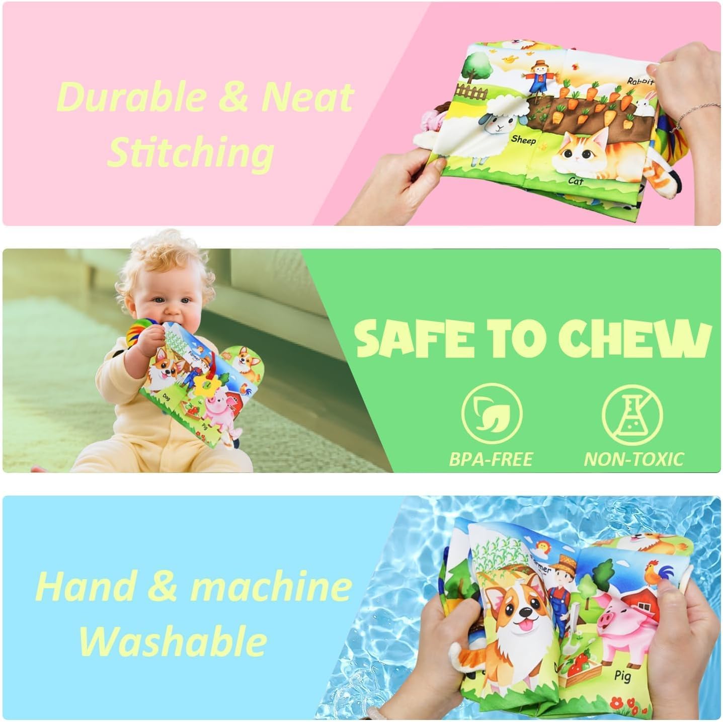 Farm Crinkle Books for Babies with 10 Finger Puppets Set, Touch and Feel Cloth Soft Farm Animal Tail Book with BiBi & Teething Toy, Puppets for Kids Ages 4-8, Baby Shower Birthday Gifts