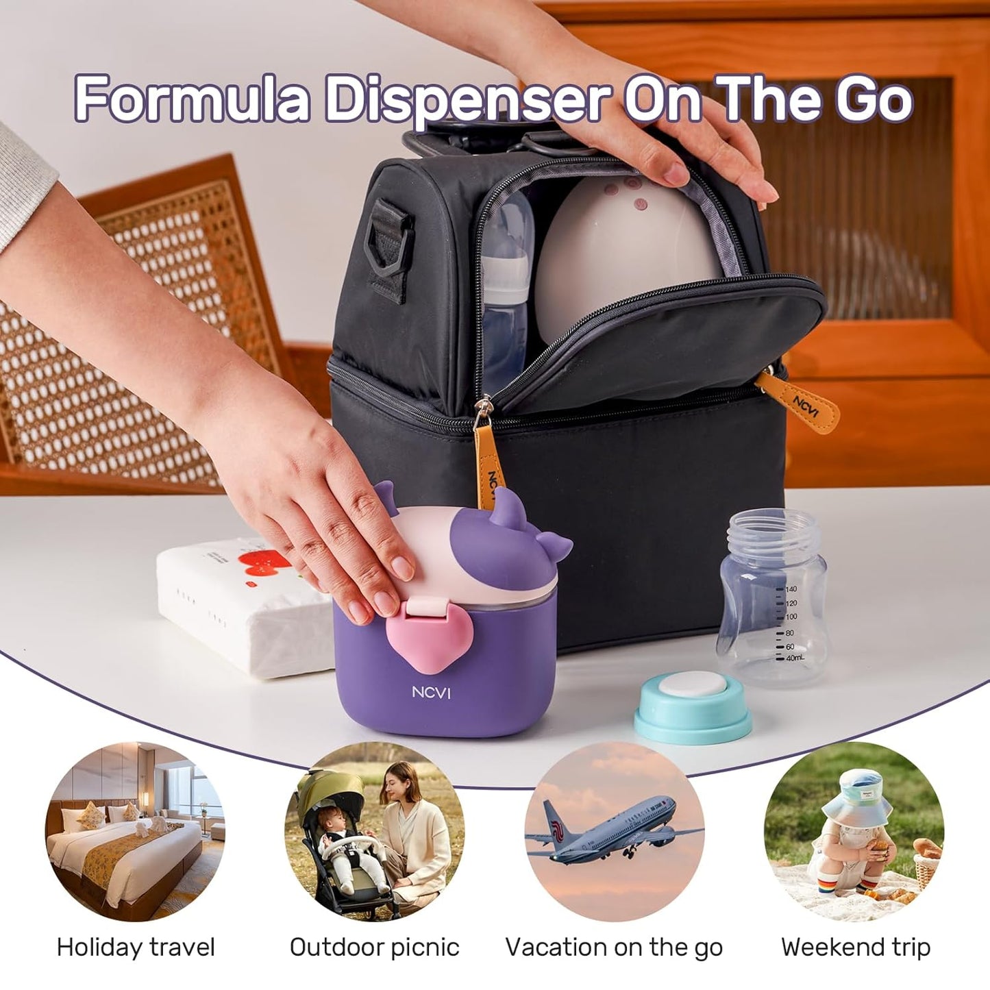 NCVI Baby Formula Dispenser On The Go, Formula Container To Go, Formula Holder for Travel, Outdoor Picnic with Baby Infant, Portable Container for Milk Powder, Snacks, Candy, Fruits (Purple)
