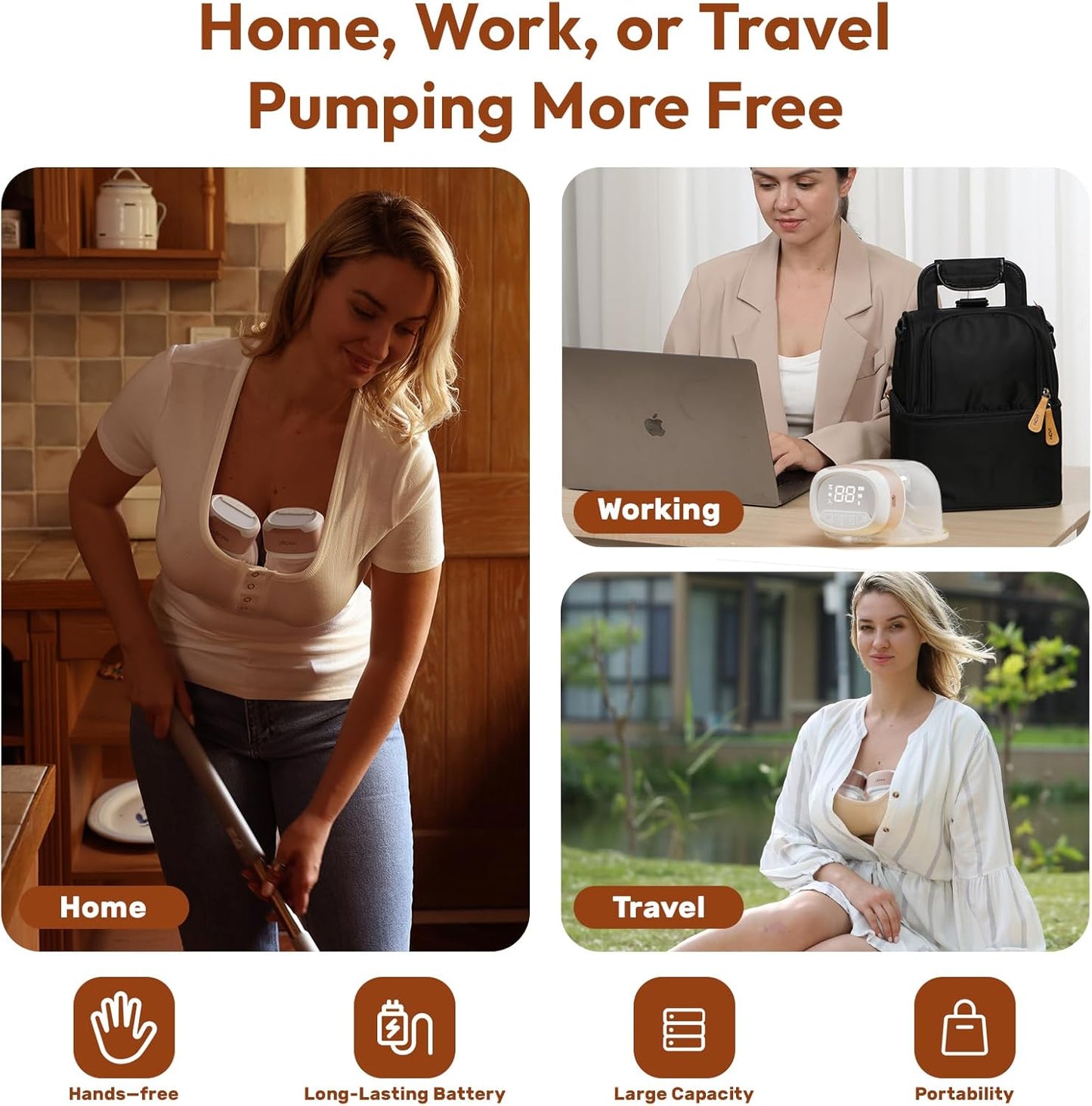 Wearable Breastfeeding Pump Hands Free of Long Battery Life, Portable Electric Breast Pump with 3 Modes and 9 Levels, LED Display, Anti-backflow, 16/18/20/22/24mm Flanges & Inserts, 2 Pack (Pink)