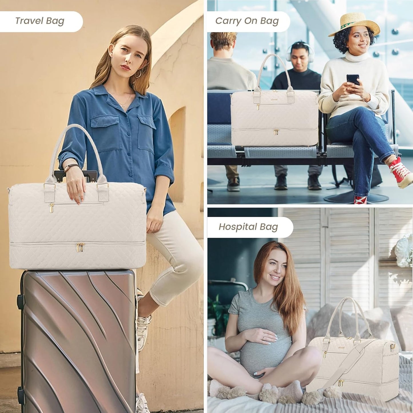 LOVEVOOK Travel Duffle Bag for Women, Weekender Overnight Bag with Shoe Compartment, Carry on Bag with Toiletry Bag, Gym Duffel Bag with Wet Pocket, Hospital Bags for Labor and Delivery 3 Pcs Set