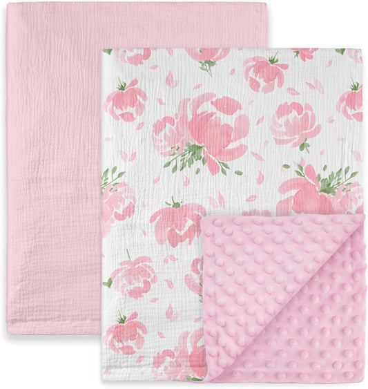 GLLQUEN BABY Blankets for Unisex Boys Girls, 2-Pack Muslin Cotton Front Soft and Breathable,and Dotted Fleece Backing, Printed Bed Nursery Minky Blankets for Newborn, Pink Flower,30 x40 inches