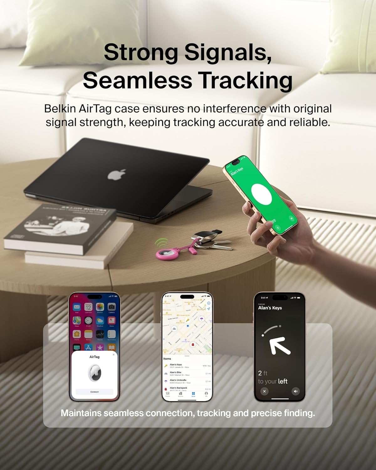 Belkin Apple Airtag Secure Holder With Strap - Apple Air Tag Keychain - Airtag Holder With Strap For Key Ring - Airtag Keychain Accessories - Scratch Resistant Airtag Case With Raised Edges - Pink