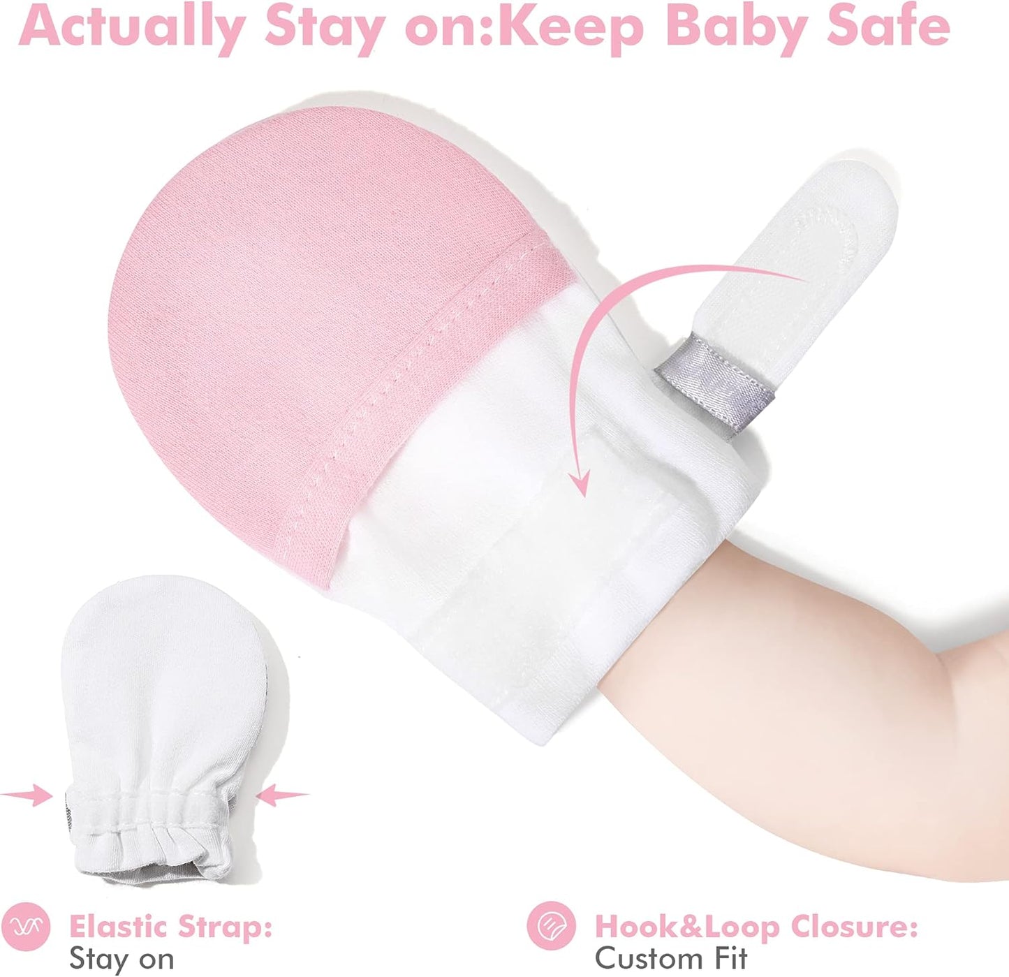 HAPIU Baby No Scratch Mittens Stay On, 100% Cotton Breathable, Adjustable Infant Gloves for Boys Girls, Newborn - 12 M