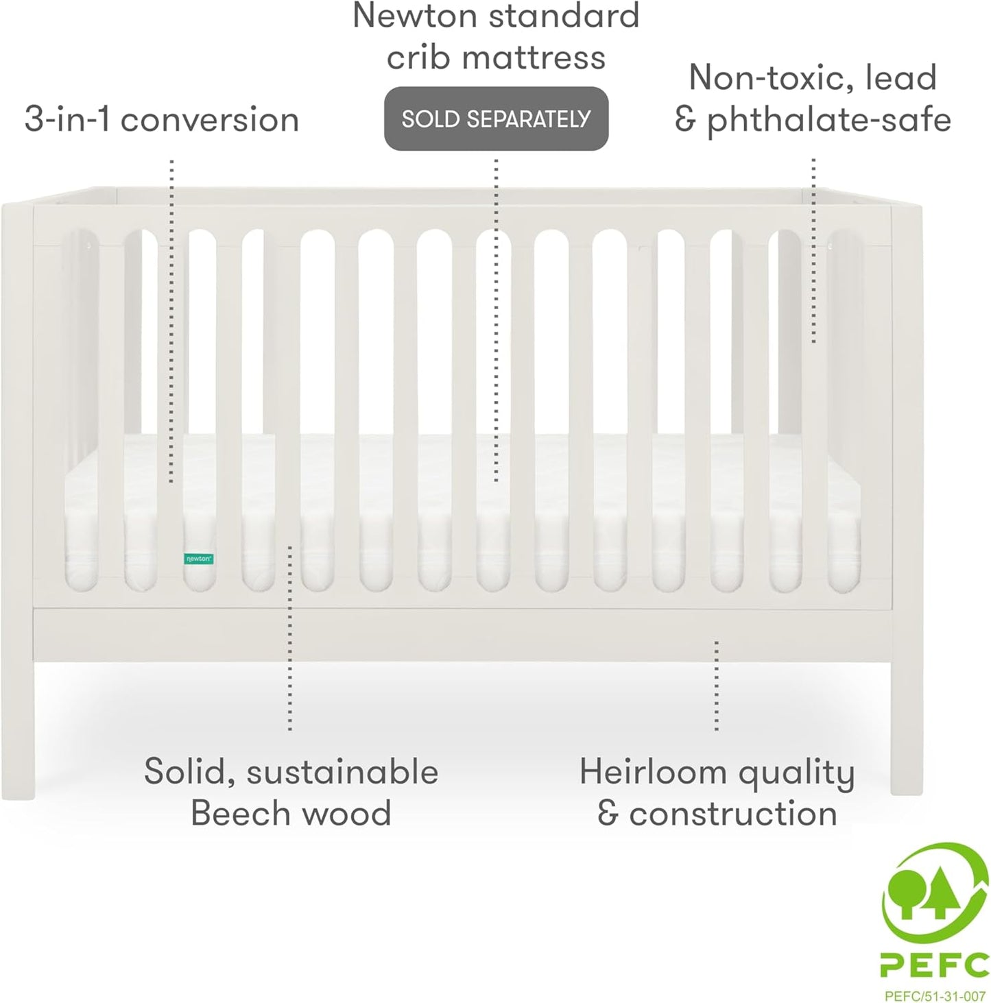 Newton Baby Galileo Standard Crib, Solid Beech Wood in White Color, 3-in-1 Convertible Crib with Toddler Bed Conversion Kit, Ultra-Safe Non-Toxic Finish
